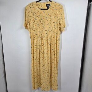 VTG women 16 Yellow Micro Floral Pleated Maxi Modest Cottage Dress Short Sleeve